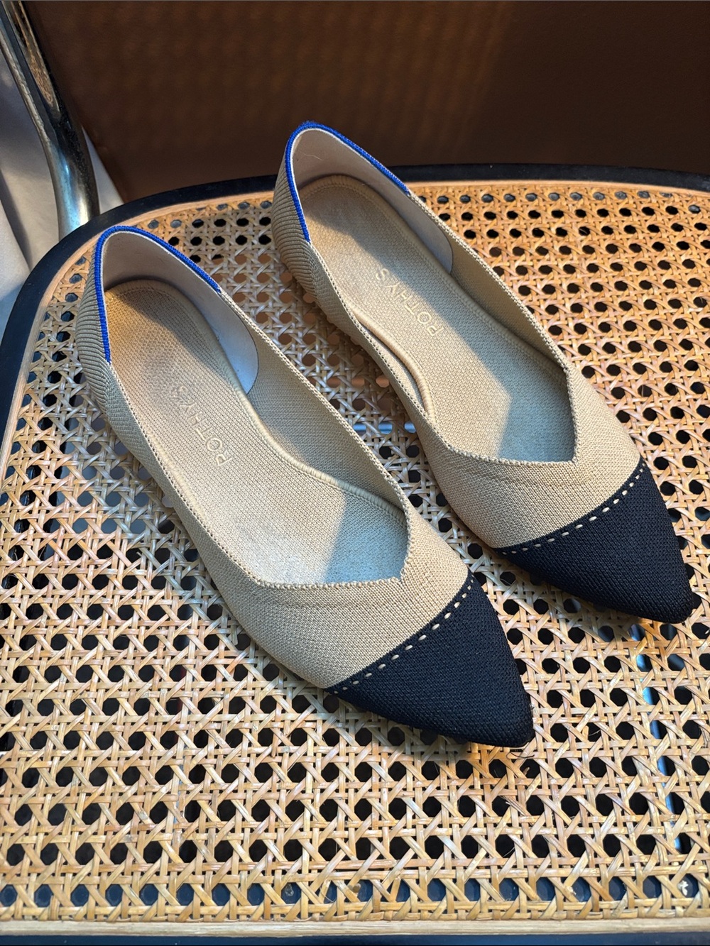 Rothy’s The Point Ballet Flat Beige and Black Pointed Toe Women's Flats